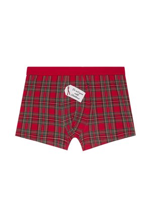 Rote und grüne Karomuster-Boxershorts mit einem roten Bund und einem weißen Etikett mit der Aufschrift "Bis Weihnachten nicht öffnen."
