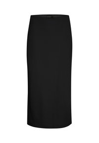 Jupe crayon noire en tissu lisse et extensible. Elle présente une coupe ajustée avec une fente latérale et une longueur au genou. Pas de fermetures visibles.