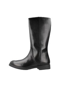 Botas de cuero negro hasta la rodilla con un acabado suave, borde superior con ondas y suela resistente. Diseño sencillo y sin herrajes visibles.