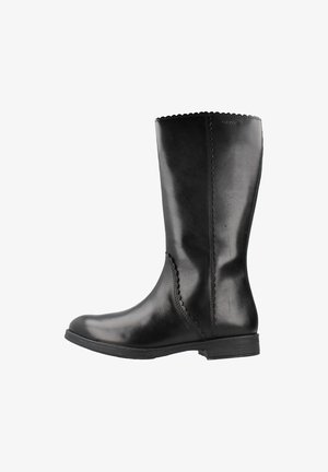 Botas de cuero negro hasta la rodilla con un acabado suave, borde superior con ondas y suela resistente. Diseño sencillo y sin herrajes visibles.