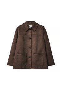 Brown faux suede jacket with a collar, front button closure, two large patch pockets, and decorative stitching along the seams.