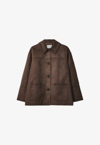 Brown faux suede jacket with a collar, front button closure, two large patch pockets, and decorative stitching along the seams.