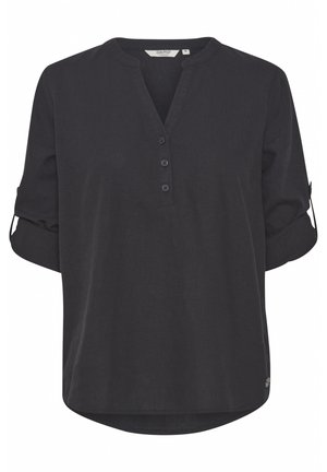 Dark gray, short-sleeve blouse featuring a V-neck, three buttons, roll-tab sleeves, a curved hem, and a subtle texture.