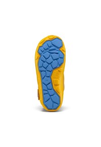 Schoenbuitenzool met een blauwe textuur en geometrische patronen, omrand door een felgele rubberen rand. Grootte gemarkeerd als 28.