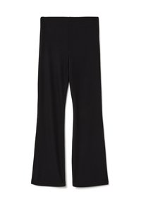 Zwarte, lange, high-waisted flare broek met een brede tailleband en een gladde, rekbare textuur.