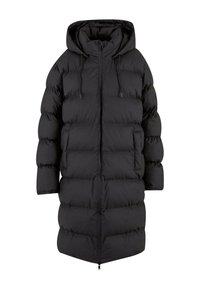 Mustapuffcoat, jossa on huppu, pitkä muotoilu, tilkkuosuuksia, säädettävät nyörinjat, ja kaksi etutaskua.