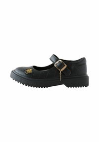 Babies Mary Jane noires avec un dessus texturé, une sangle réglable avec boucle, une semelle en caoutchouc épaisse et un détail en forme d'éclair doré.