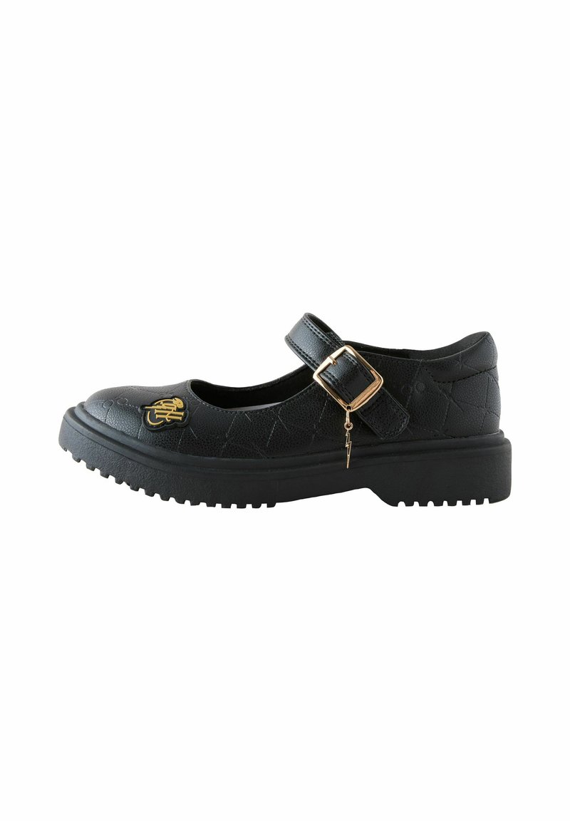 Babies Mary Jane noires avec un dessus texturé, une sangle réglable avec boucle, une semelle en caoutchouc épaisse et un détail en forme d'éclair doré.