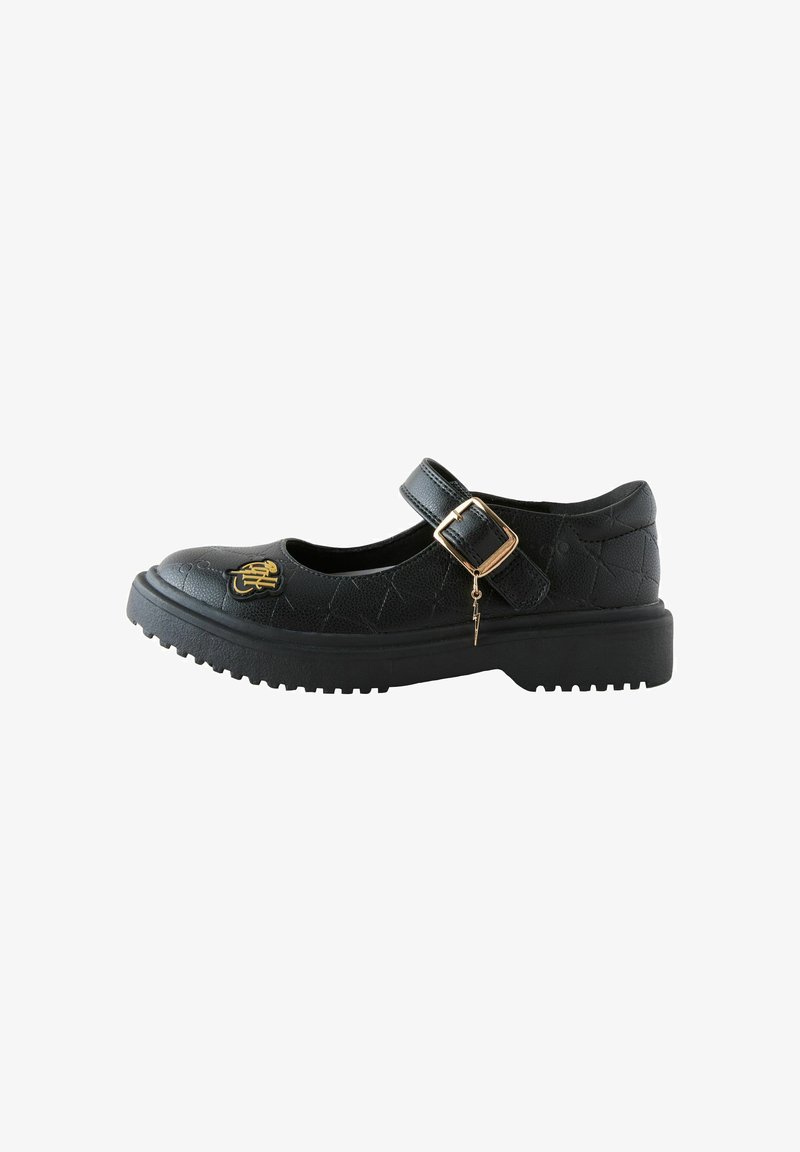 Black leather Mary Jane shoe with textured pattern, gold buckle strap, platform sole, and small gold lightning charm on the buckle.