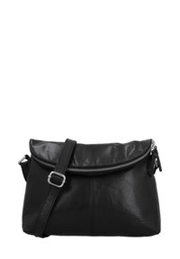 Melnas ādas plecu soma ar pārklājamu augšu, sudraba rāvējslēdzēja aizdari, regulējamu siksnu un gludu tekstūru. Vienkāršs dizains ar minimālām detaļām.