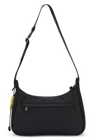 Fekete szövet válltáska íves kialakítással, állítható pánttal, cipzáras záródással és elülső zsebbel. Márkás címkét tartalmaz.