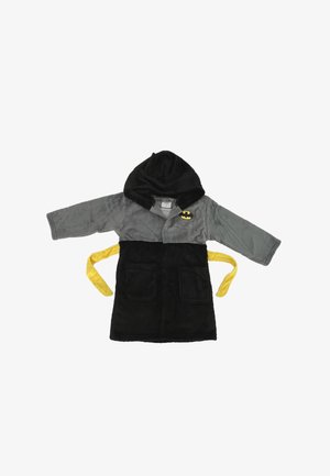 Batman-themed bathrobe in gray and black fleece, featuring a hood, yellow tie belt, and two front pockets. Batman logo on chest.