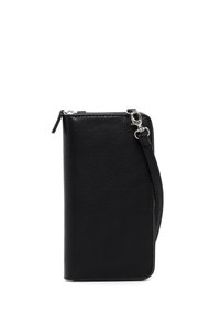 Black leather wallet with a textured finish, featuring a silver zipper and a detachable wrist strap for easy carrying.