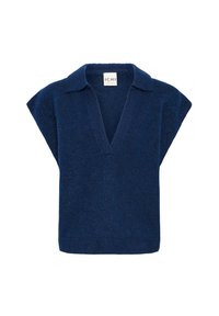 Gilet en tricot bleu marine avec un col en V et des manches courtes. Présente un col et un ourlet côtelé pour un aspect texturé.
