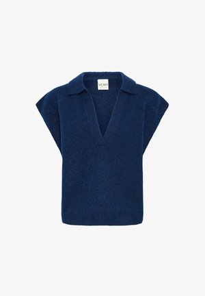 Marineblauer Strickpullover mit V-Ausschnitt und kurzen Ärmeln. Verfügt über einen Kragen und einen gerippten Saum für ein strukturiertes Aussehen.