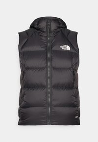 Zwarte gewatteerde vest met capuchon, rits aan de voorkant en zijzakken. Bevat een logo op de borst en een gestructureerd materiaal met een gladde afwerking.