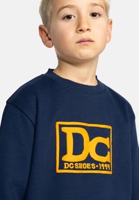 Navyblauwe sweatshirt van katoenmix, met een oranje geborduurd logo vlak met "DC Shoes 1994" over de borst. Ronde hals.