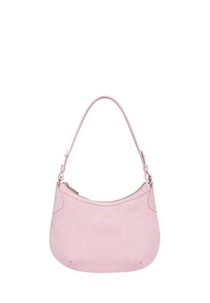 Rosa Wildleder-Schultertasche mit geschwungenem Design und goldfarbenen Beschlägen. Verfügt über einen Reißverschluss und einen einzelnen verstellbaren Tragegurt.