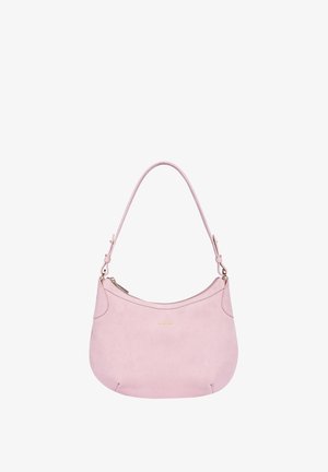 Pink suede shoulder bag with a curved silhouette and gold-tone hardware. Features a zip closure and a single adjustable strap.