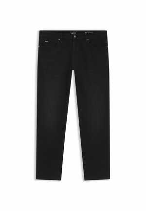 Jean en denim noir à coupe droite, cinq poches, passants pour ceinture et une petite étiquette de marque discrète à l'avant. Texture lisse et détails minimaux.