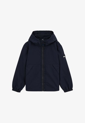 Veste légère bleu marine avec capuche, fermeture éclair à l'avant, poignets élastiques et deux grandes poches avant. Texture lisse, design moderne.