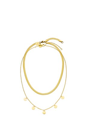 Zwei geschichtete Goldketten, eine flache Kette und eine filigrane Kette mit fünf kleinen runden goldenen Anhängern.