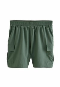 Grønne cargo shorts med elastisk talje, sidelommer og to sidelommer med klap. Lavet af glat, letvægtsstof.