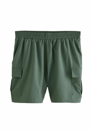 Zöld cargo sort elasztikus derékkal, oldalsó zsebekkel és két oldalsó foltzsebbel. Simább, könnyű anyagból készült.