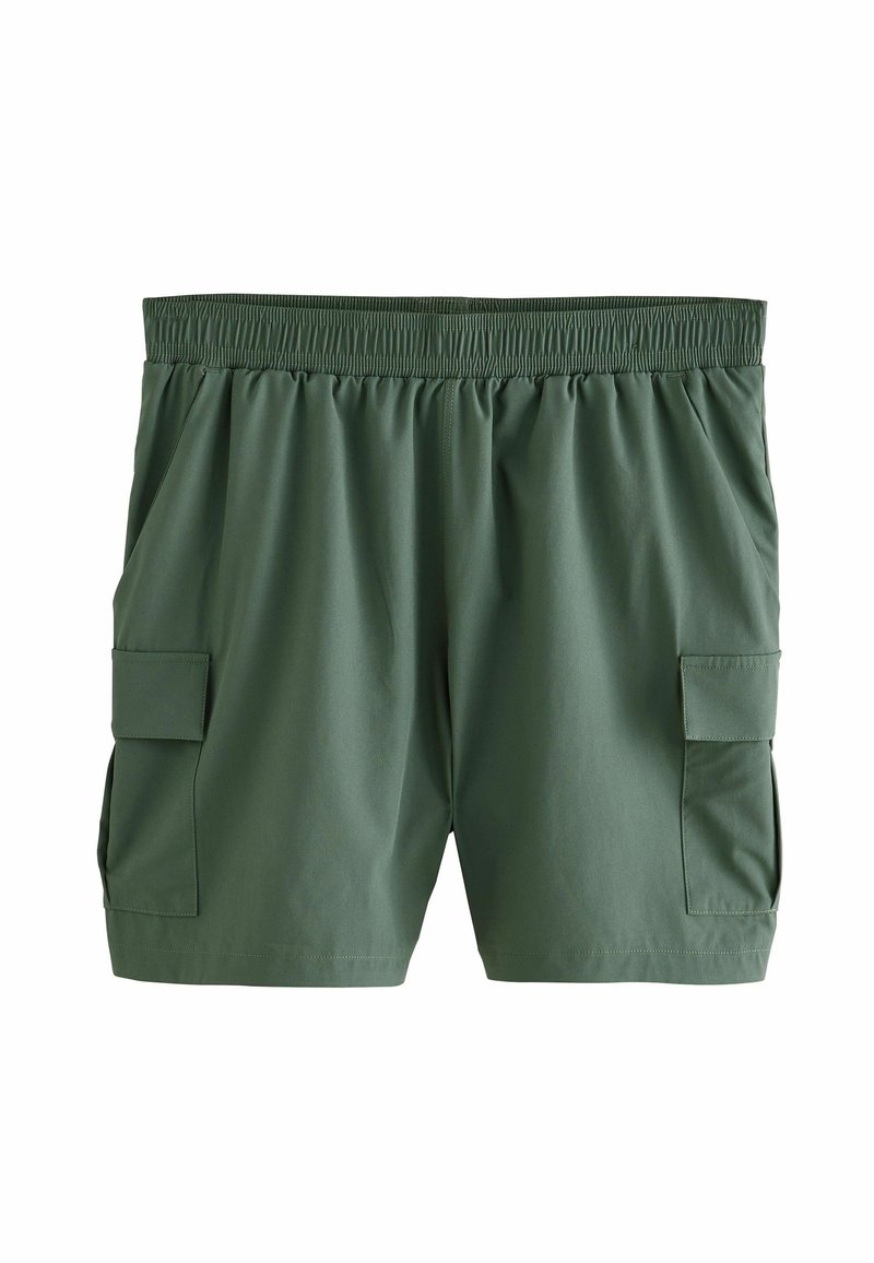 Pantalones cortos cargo verdes con cinturilla elástica, bolsillos laterales y dos bolsillos laterales de parche. Fabricados en una tela suave y ligera.