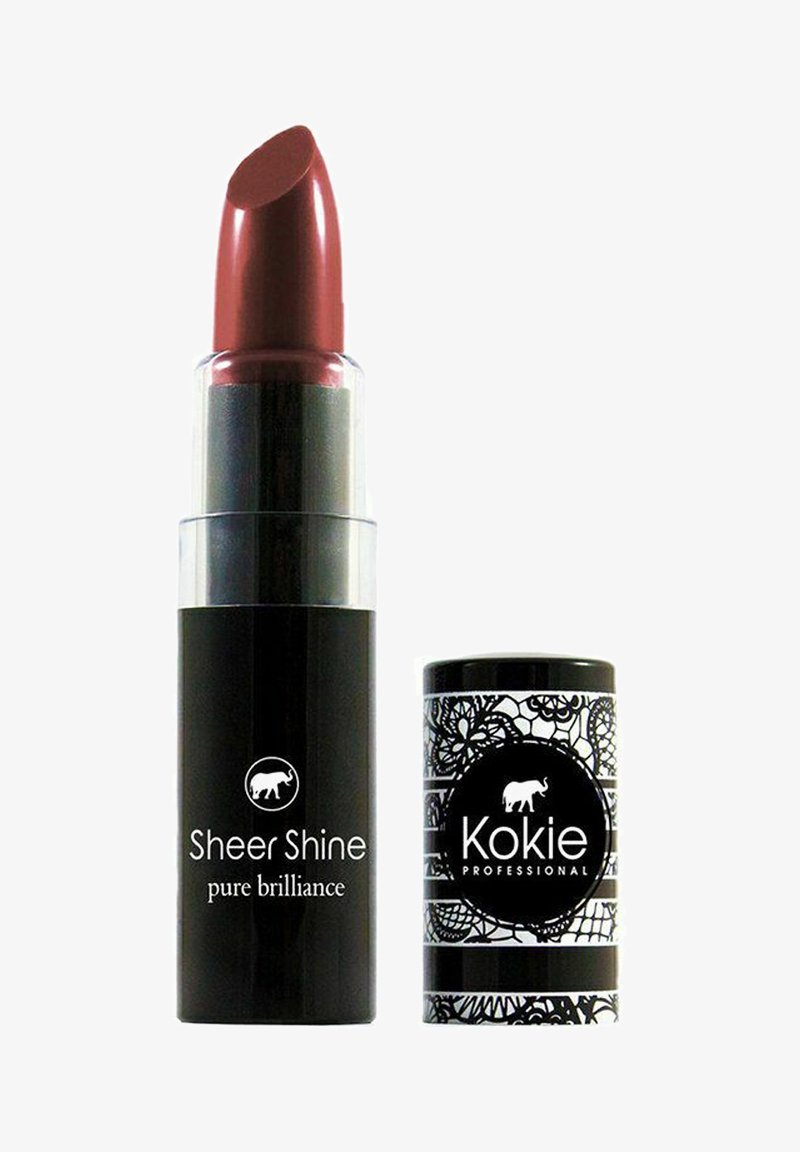 Kokie Professional Sheer Shine læbestift i dyb rød, præsenteret i en transparant og sort beholder med blomsterdesign og branding.