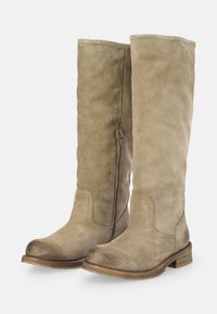 Botas de ante beige hasta la rodilla con una cremallera lateral, costuras mínimas, punta redondeada y un bajo tacón de madera apilada, que presentan una textura suave.