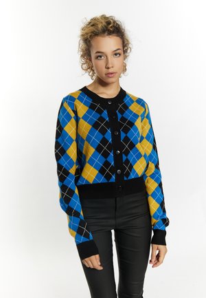 Gebreid vest met een zwart, blauw en geel ruitpatroon, voorzien van zwarte knopen en geribde manchetten en zoom. Gecombineerd met zwarte broeken.