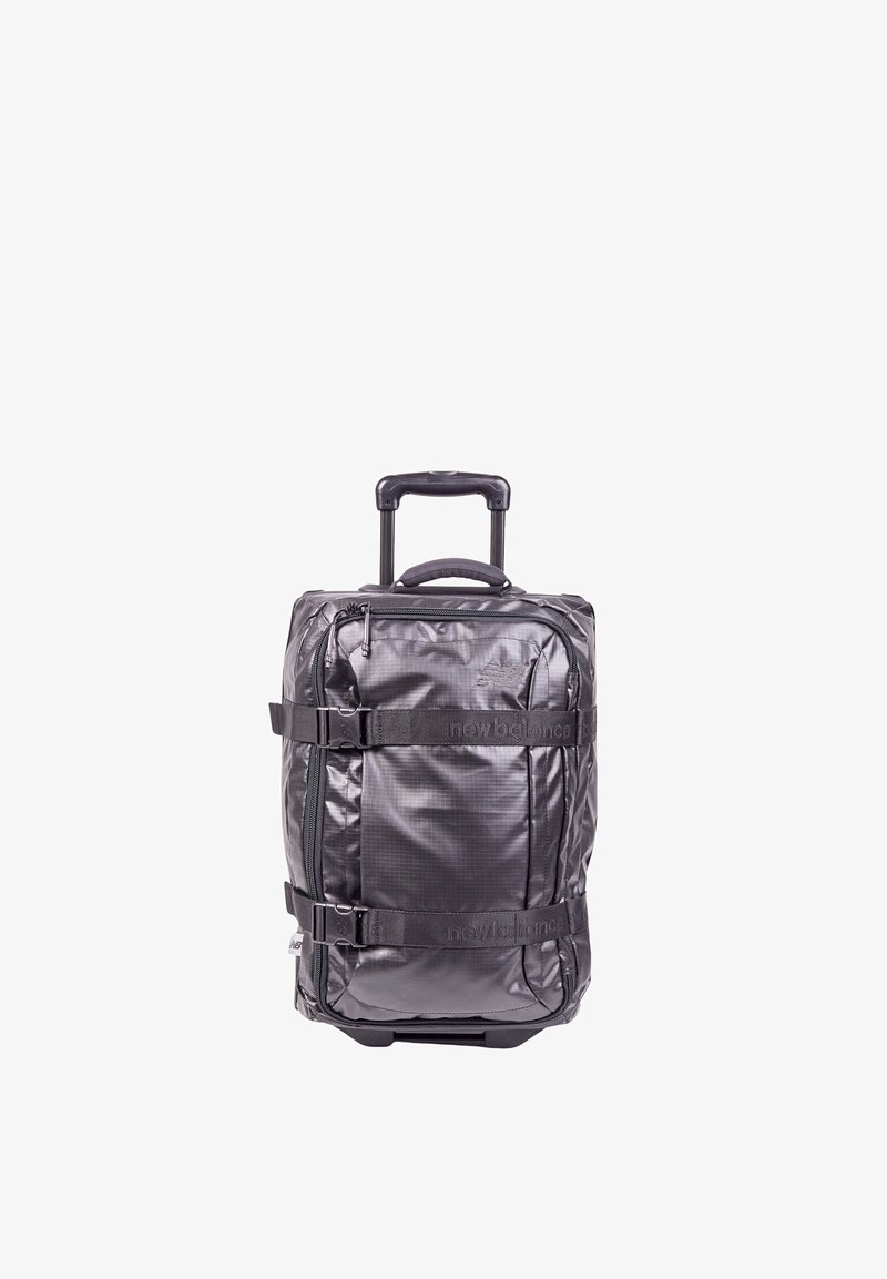 Sac à dos noir à roulettes en matériau durable, doté de compartiments zippés, de bretelles réglables et de doubles poignées pour un transport facile.