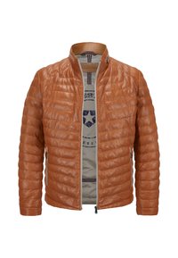 Braune Lederjacke mit gesteppter Textur, Stehkragen, Reißverschluss vorne und zwei Seitentaschen, mit beigem Innenfutter.