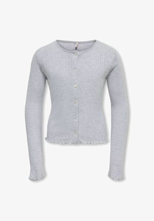 Lichtgrijze gebreide cardigan met lange mouwen, ronde halslijn, zeven knopen aan de voorkant, subtiele verticale ribbels en gerimpelde randen aan de manchetten en zoom.