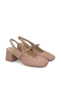 Scarpe slingback in morbido camoscio rosa con punta quadrata e tacco massiccio. Presentano una fascia con gioielli sul davanti.