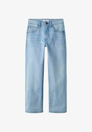 Heledad sinistusega helerohelised teksapüksid, ees- ja tagataskutega, nööp- ja tõmblukuga kinnitusega ning sirge säärega lõikega.