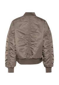 Brown satin bomber jacket with gathered side detailing, ribbed cuffs, and collar. Smooth texture with a relaxed fit and cropped silhouette.