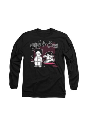 Black long-sleeve shirt featuring a graphic design with two cartoon characters. Text reads "Hide & Seek" above them, with star accents.