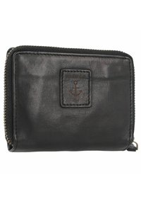 Portafoglio in pelle nera con cuciture a contrasto e un piccolo logo ancora in rilievo. Caratterizzato da una chiusura a zip e forma rettangolare compatta.