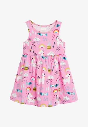 Robe rose sans manches pour tout-petit avec motifs licornes, arcs-en-ciel, nuages, lapins et poissons colorés.