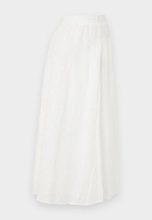 Fustă maxi albă cu talie elastică, având un model floral texturat și decupaje asemănătoare dantelei pe toată țesătura.