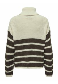 Maglione lavorato a maglia con colletto alto, caratterizzato da ampie righe color crema e marrone cioccolato. Tessuto strutturato, vestibilità comoda e maniche lunghe.