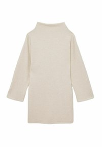Top bej, cu mânecă lungă și guler înălțat, realizat dintr-un material moale. Prezintă o croială lejeră și o textură simplă, fără modele sau accente vizibile.