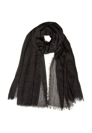 Écharpe légère noire avec une texture subtile et des bords frangés, enroulée lâchement en haut avec les extrémités pendantes.