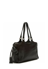 Borsa a mano in pelle nera con doppi manici, caratterizzata da un design cucito lungo i bordi e un nappina decorativa su un lato.