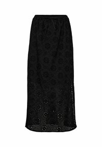 Zwarte midi-rok met een elastische tailleband en trekkoord. Bevat bloemenborduursels en oogjes snits langs de stof.