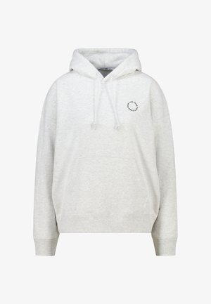Grey hoodie made of soft fabric, featuring a front pocket, drawstring hood, and circular logo detail on the chest.