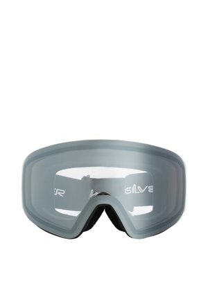 Lunettes de ski avec un cadre gris, lentille large et rembourrage en mousse noir. La sangle présente du texte blanc, conçues pour une utilisation dans les sports d'hiver.