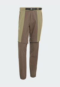 Παντελόνια με σχέδιο σε καφέ και ελιά χρώμα, κατασκευασμένα από ελαφρύ υλικό με ρυθμιζόμενο ζωνάρι μέσης και τσέπες με φερμουάρ.